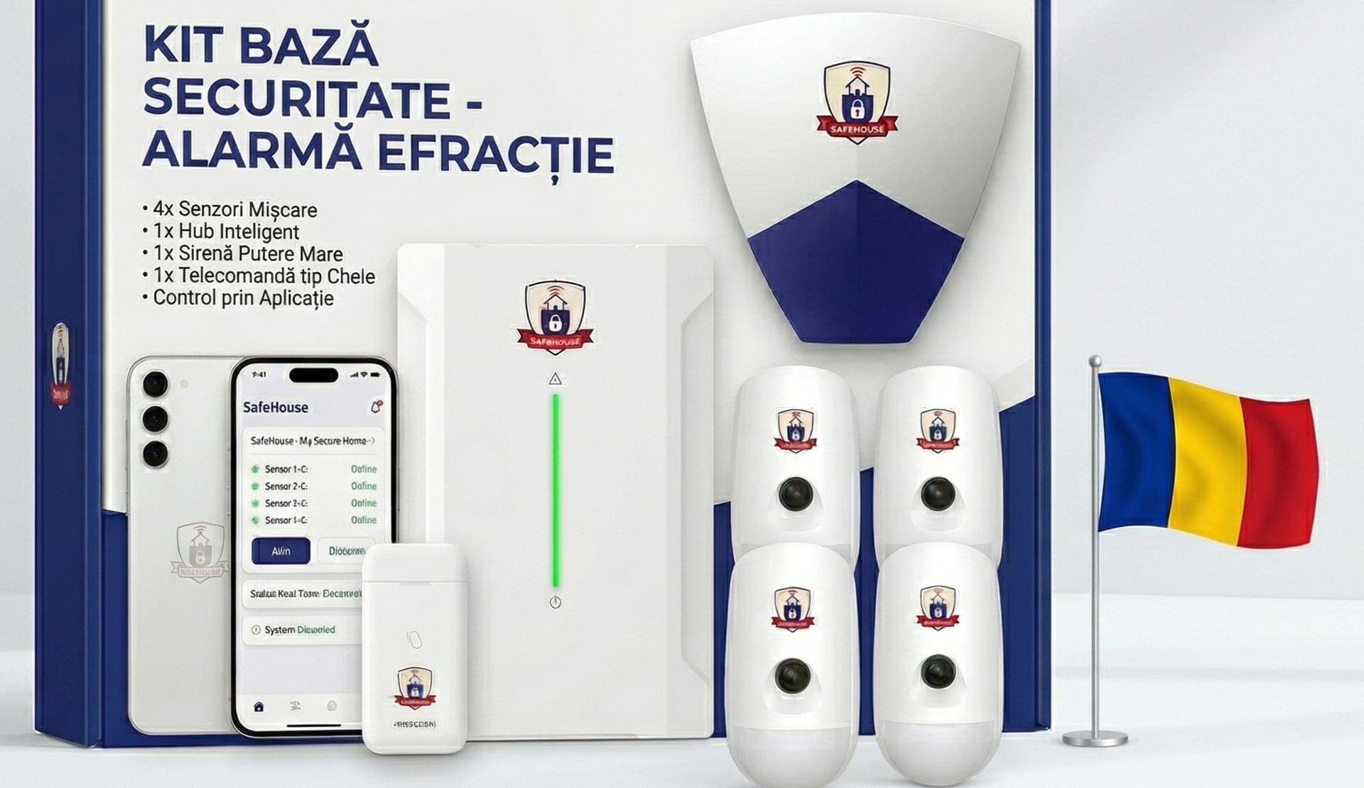 Set de bază alarmă antiefracție SafeHouse: centrală, senzori și tastatură